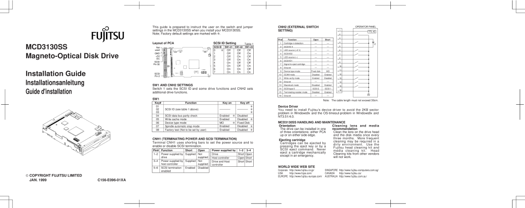 Fujitsu manual MCD3130SS Magneto-Optical Disk Drive Installation Guide, Installationsanleitung Guide dinstallation 