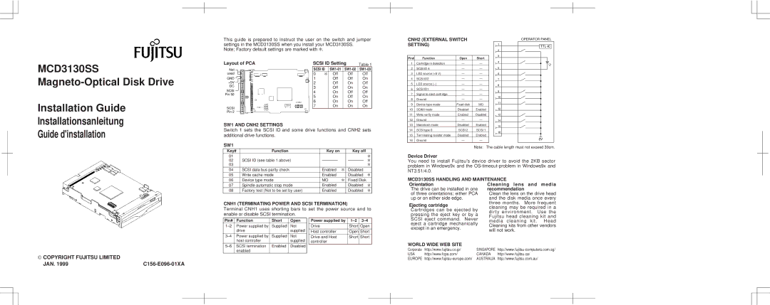 Fujitsu manual SW1 and CNH2 Settings, CNH2 External Switch Setting, MCD3130SS Handling and Maintenance 