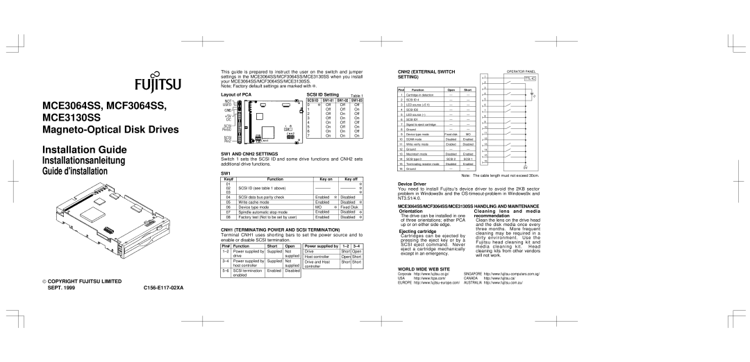 Fujitsu MCE3130SS manual SW1 and CNH2 Settings, CNH2 External Switch Setting, CNH1 Terminating Power and Scsi Termination 