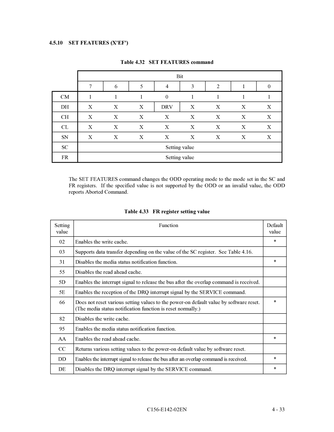 Fujitsu MCE3130AP, MCF3064AP, MCE3064AP manual SET Features command, FR register setting value 