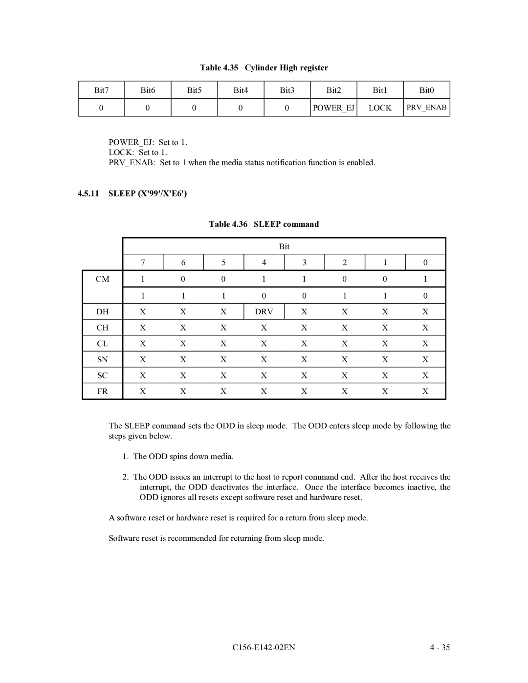 Fujitsu MCE3064AP, MCF3064AP, MCE3130AP manual Cylinder High register, Powerej Lock, Sleep X99/XE6 Sleep command 