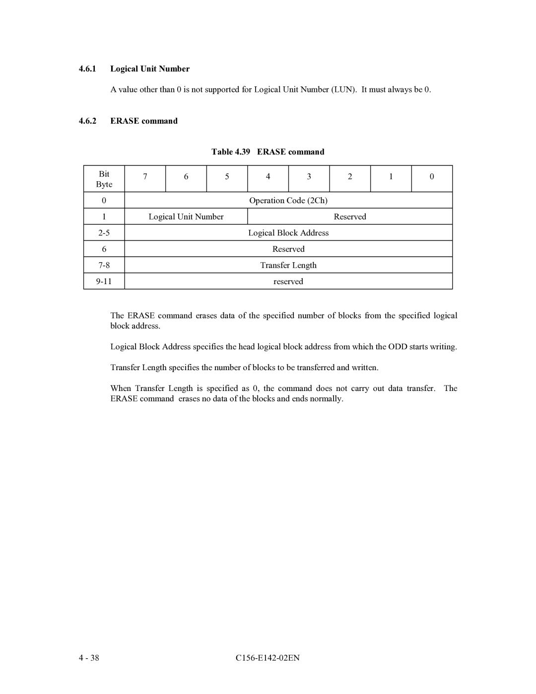 Fujitsu MCE3064AP, MCF3064AP, MCE3130AP manual Logical Unit Number, Erase command 