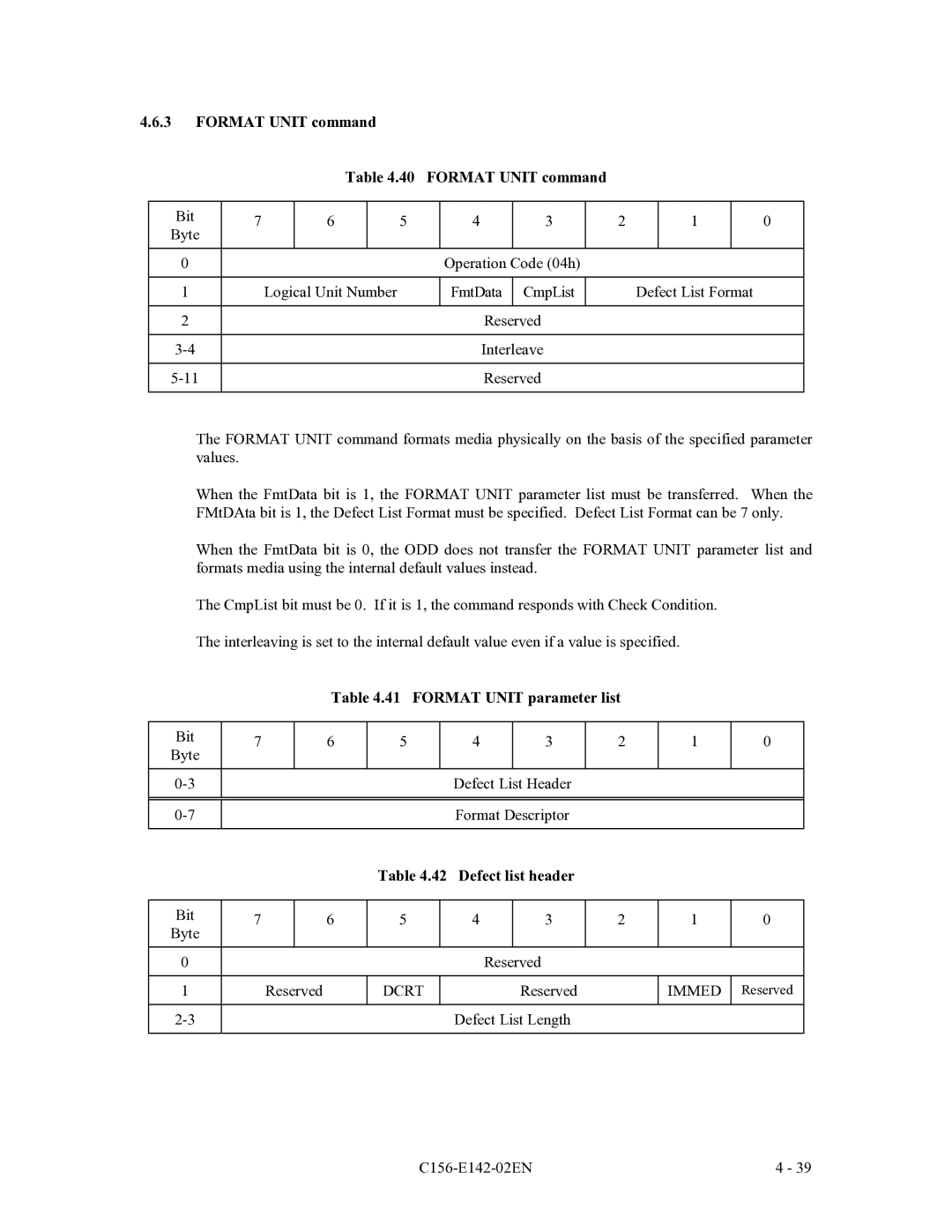 Fujitsu MCE3130AP Format Unit command 40 Format Unit command, Format Unit parameter list, Defect list header, Dcrt, Immed 