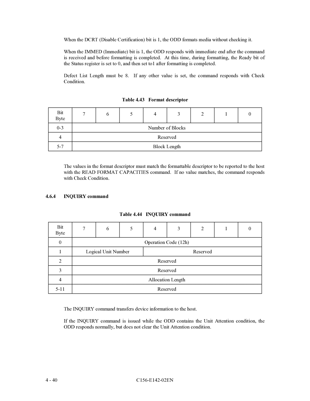 Fujitsu MCF3064AP, MCE3064AP, MCE3130AP manual Format descriptor, Inquiry command 