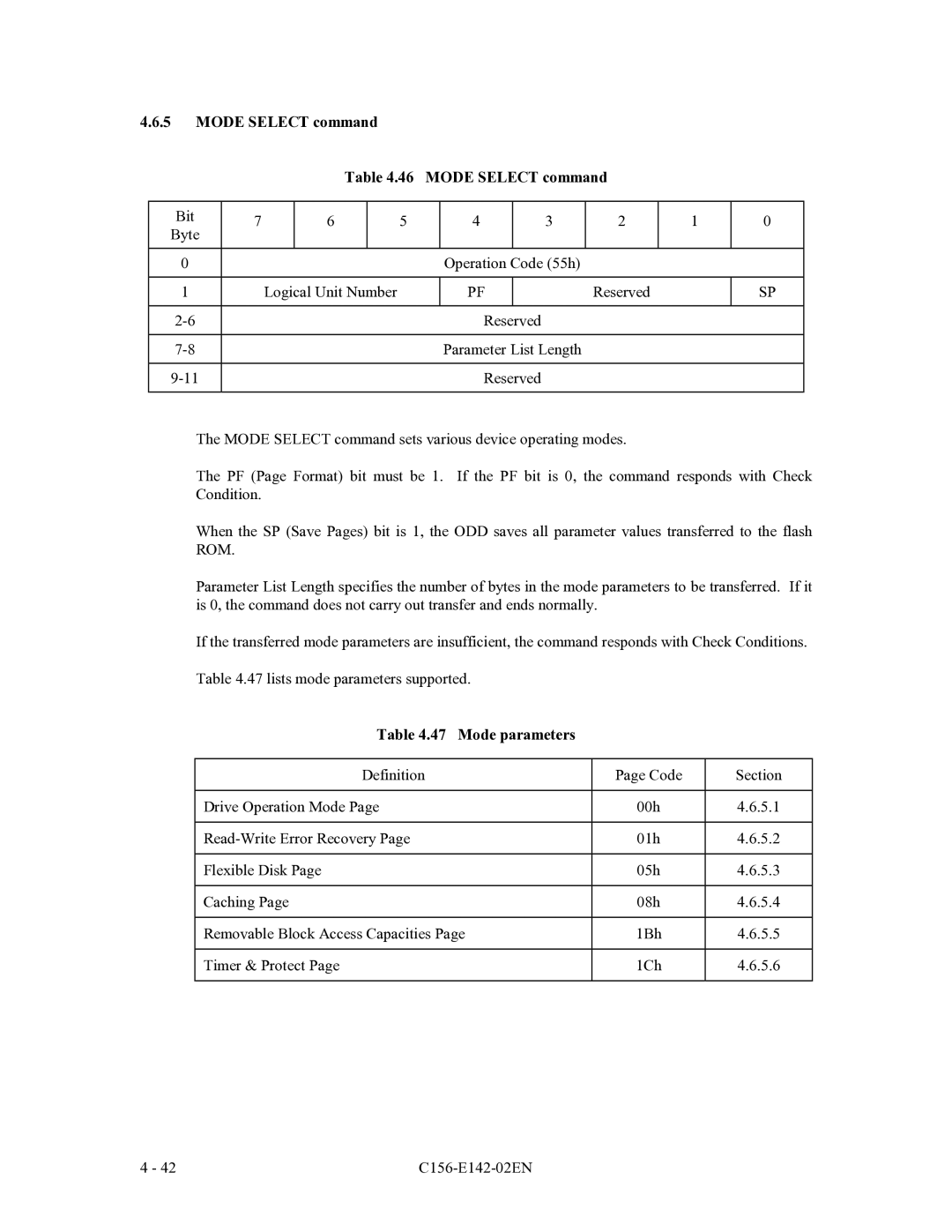 Fujitsu MCE3130AP, MCF3064AP, MCE3064AP manual Mode Select command 46 Mode Select command, Mode parameters 