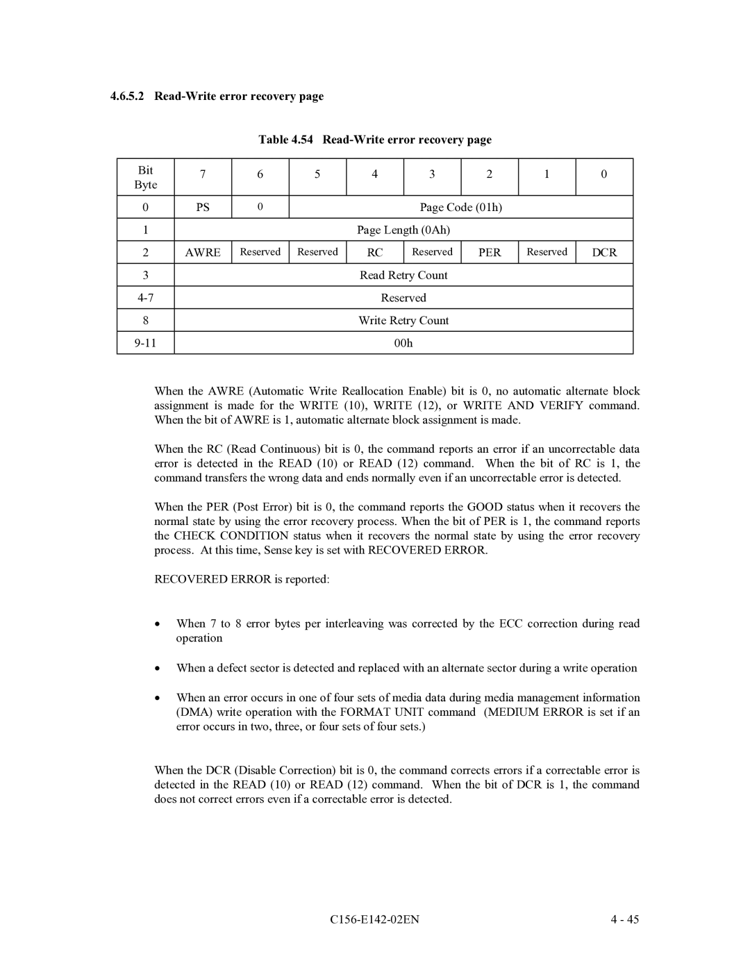 Fujitsu MCE3130AP, MCF3064AP, MCE3064AP manual Read-Write error recovery 54 Read-Write error recovery, Awre, Per, Dcr 