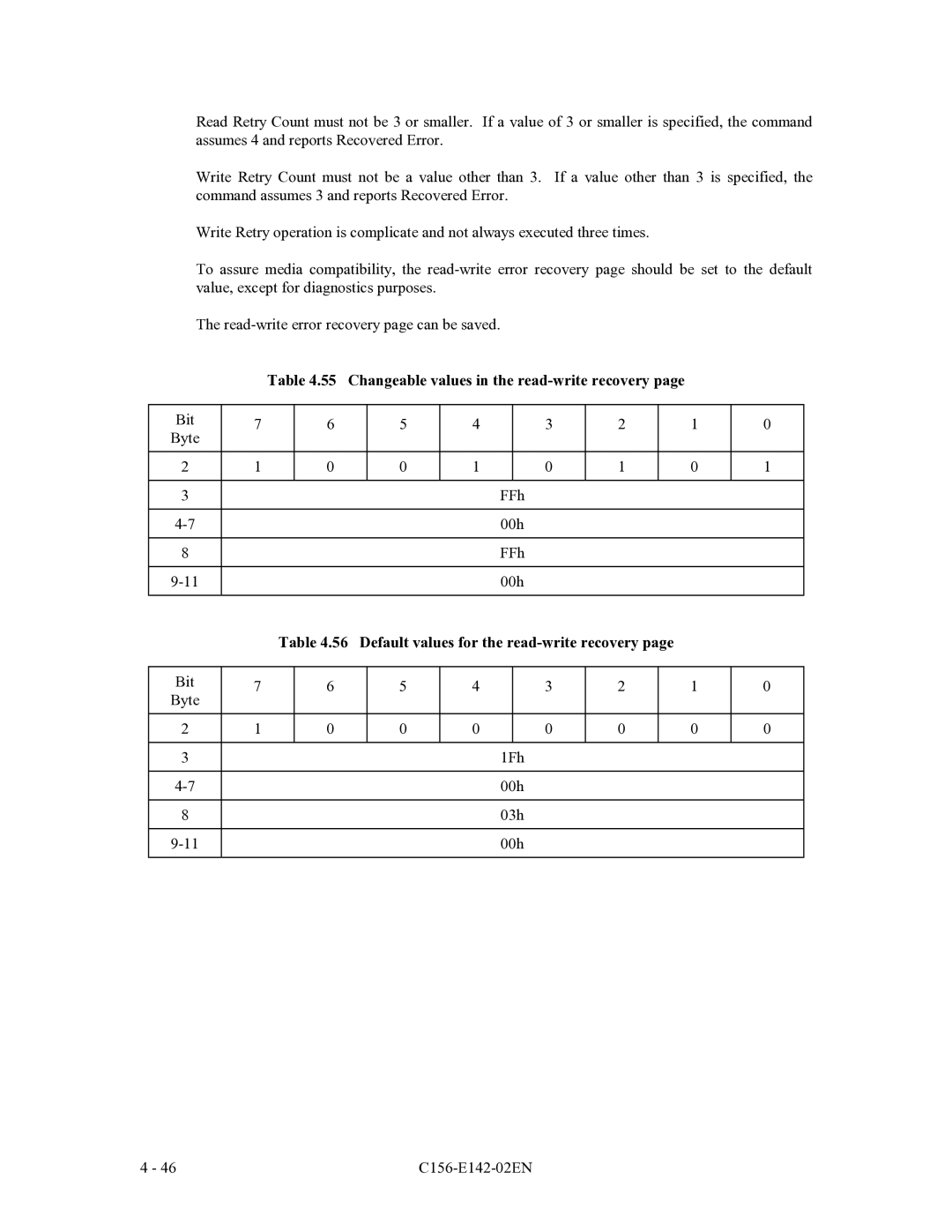 Fujitsu MCF3064AP, MCE3064AP manual Changeable values in the read-write recovery, Default values for the read-write recovery 