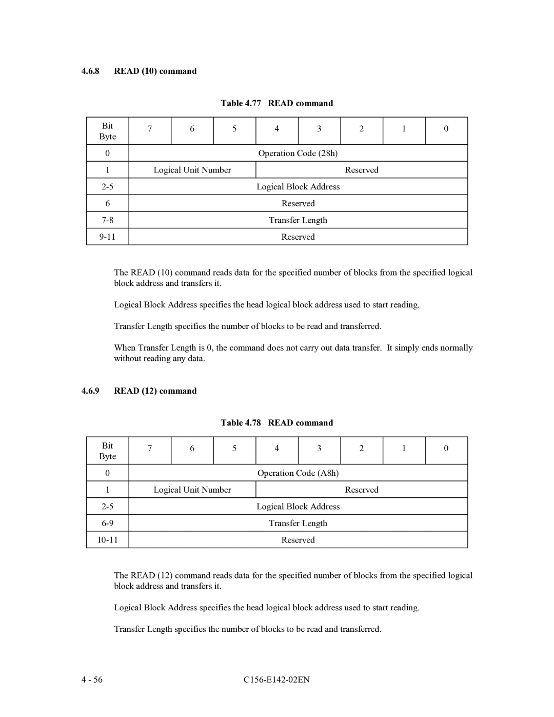 Fujitsu MCE3064AP, MCF3064AP, MCE3130AP manual Read 10 command Read command, Read 12 command Read command 