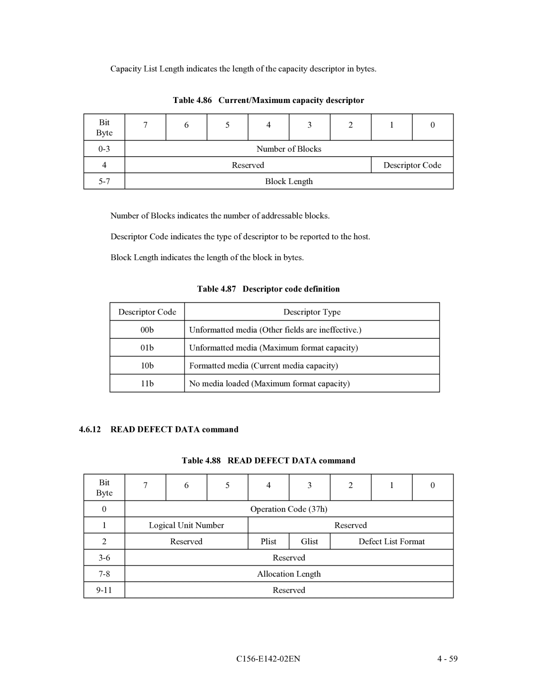 Fujitsu MCE3064AP, MCF3064AP, MCE3130AP manual Current/Maximum capacity descriptor, Descriptor code definition 