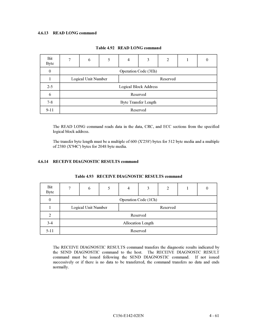 Fujitsu MCF3064AP, MCE3064AP, MCE3130AP manual Read Long command 92 Read Long command 