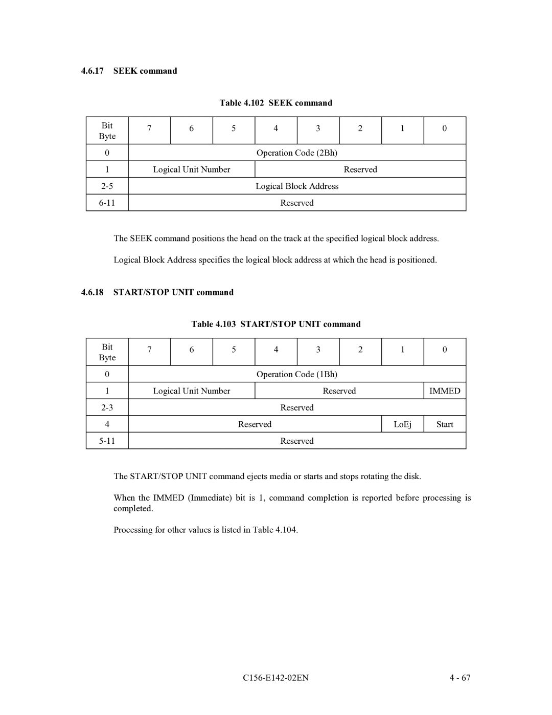 Fujitsu MCF3064AP, MCE3064AP, MCE3130AP manual Seek command 102 Seek command, START/STOP Unit command 