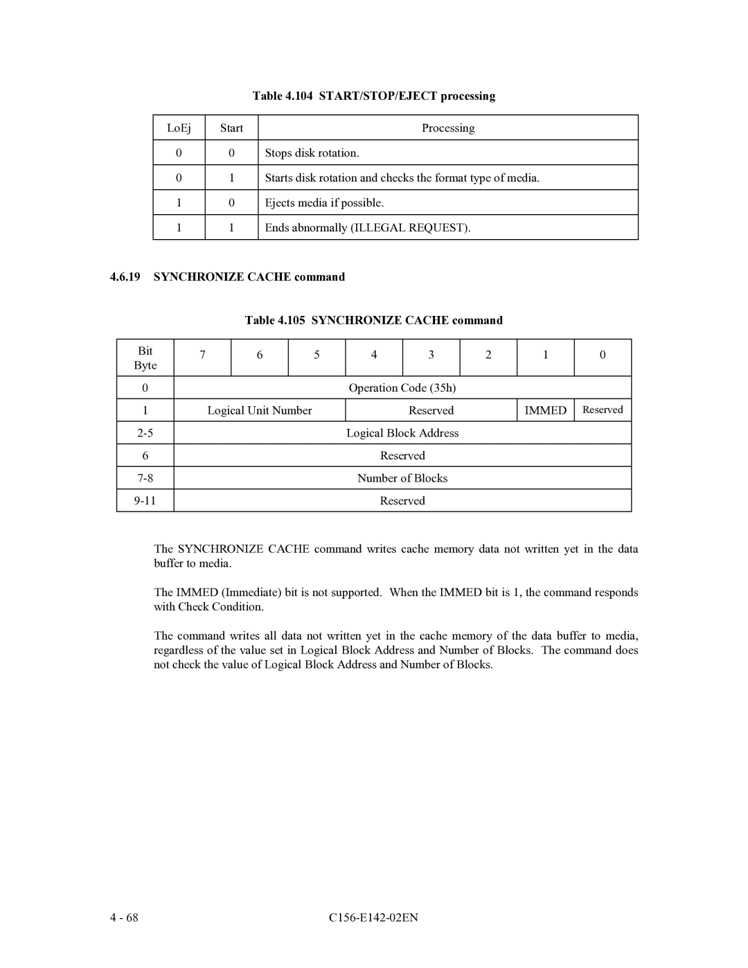 Fujitsu MCE3064AP, MCF3064AP manual START/STOP/EJECT processing, Synchronize Cache command 105 Synchronize Cache command 