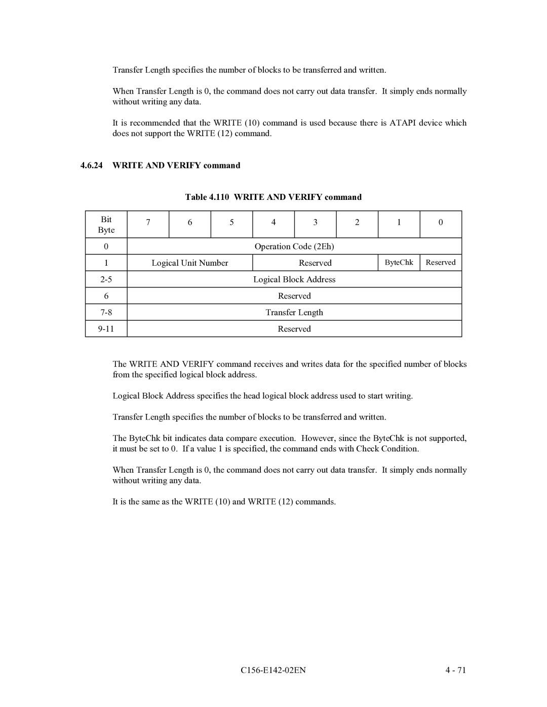 Fujitsu MCE3064AP, MCF3064AP, MCE3130AP manual Write and Verify command 110 Write and Verify command 