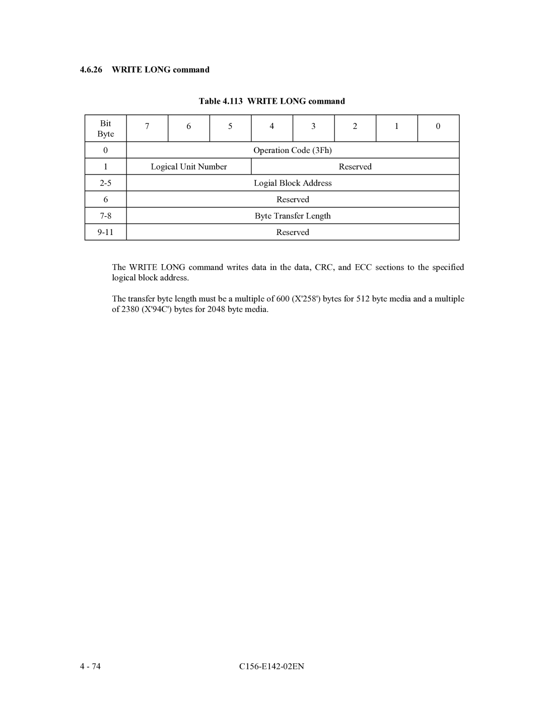 Fujitsu MCE3064AP, MCF3064AP, MCE3130AP manual Write Long command 113 Write Long command 