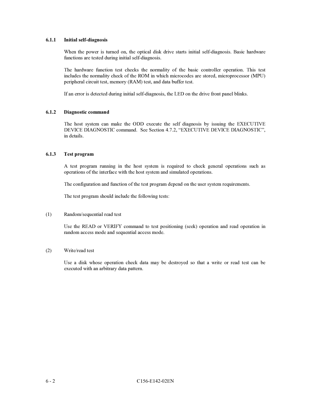 Fujitsu MCE3064AP, MCF3064AP, MCE3130AP manual Initial self-diagnosis, Diagnostic command, Test program 