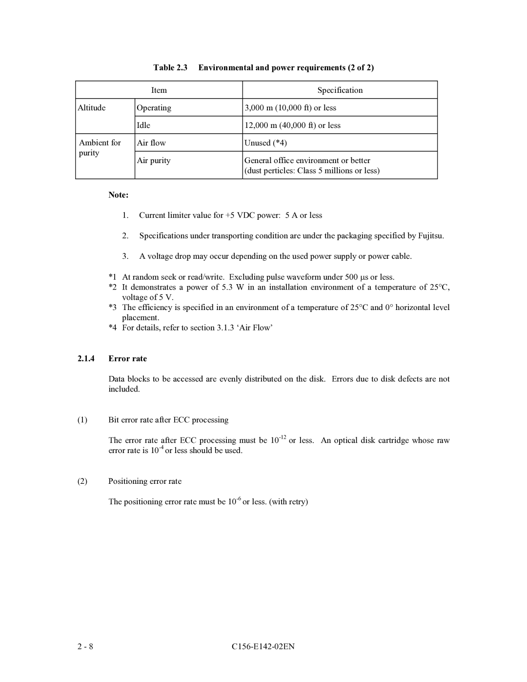 Fujitsu MCF3064AP, MCE3064AP, MCE3130AP manual Environmental and power requirements 2, Error rate 