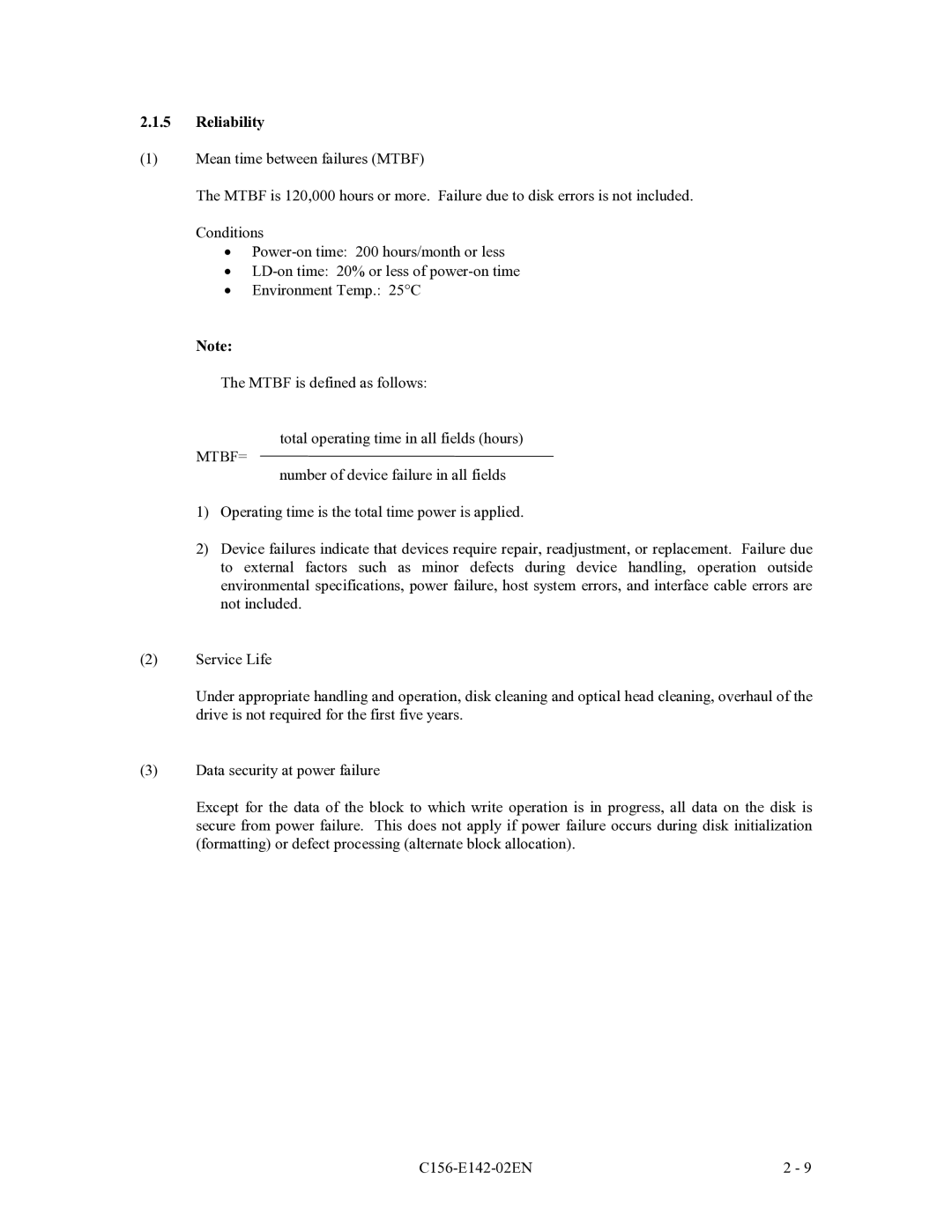 Fujitsu MCE3064AP, MCF3064AP, MCE3130AP manual Reliability, Mtbf= 