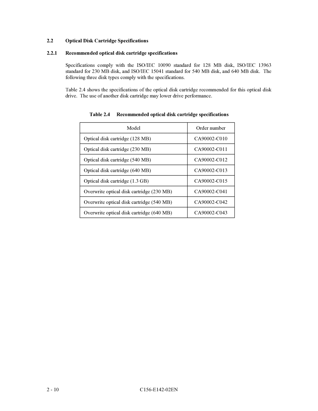 Fujitsu MCE3130AP, MCF3064AP, MCE3064AP manual Recommended optical disk cartridge specifications 