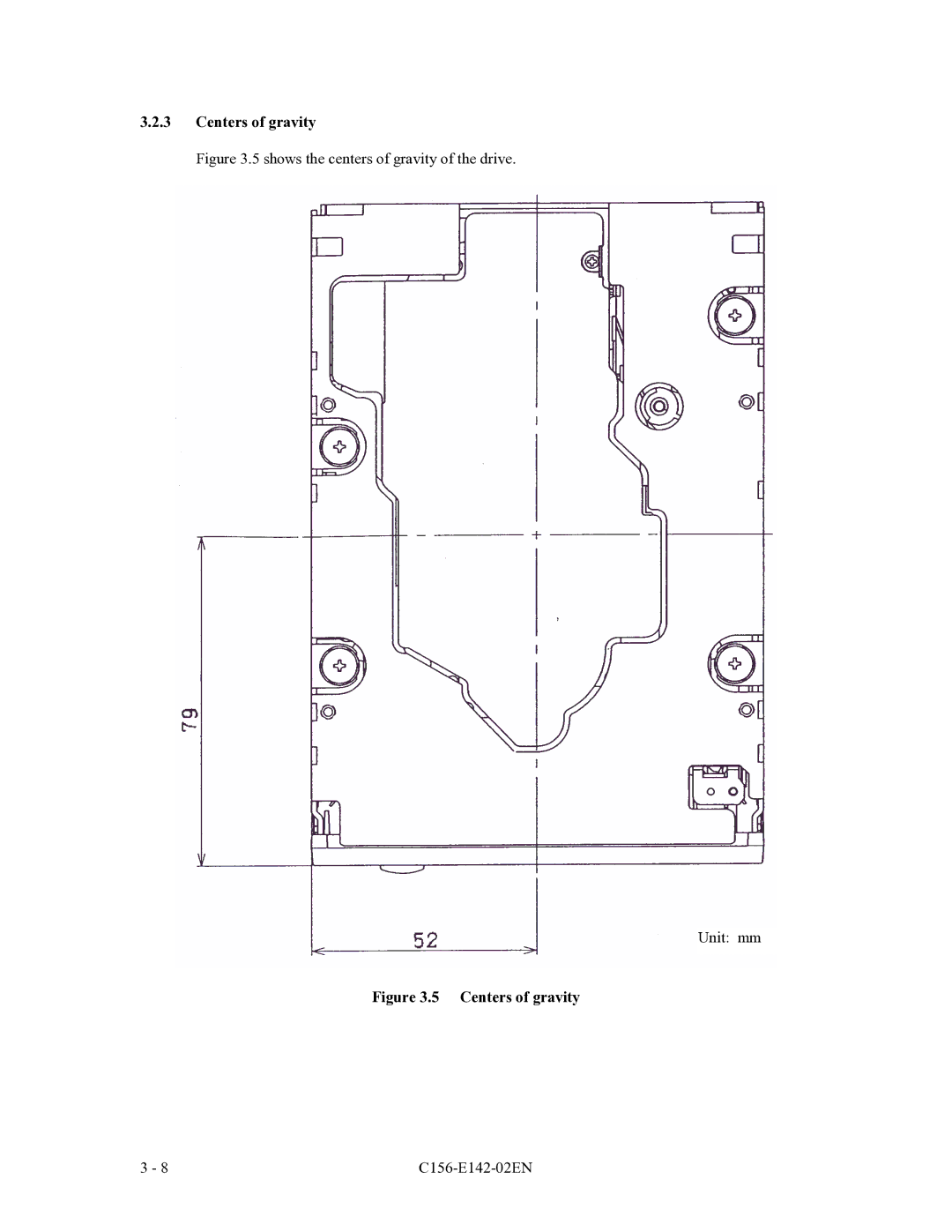 Fujitsu MCF3064AP, MCE3064AP, MCE3130AP manual Centers of gravity, Shows the centers of gravity of the drive Unit mm 