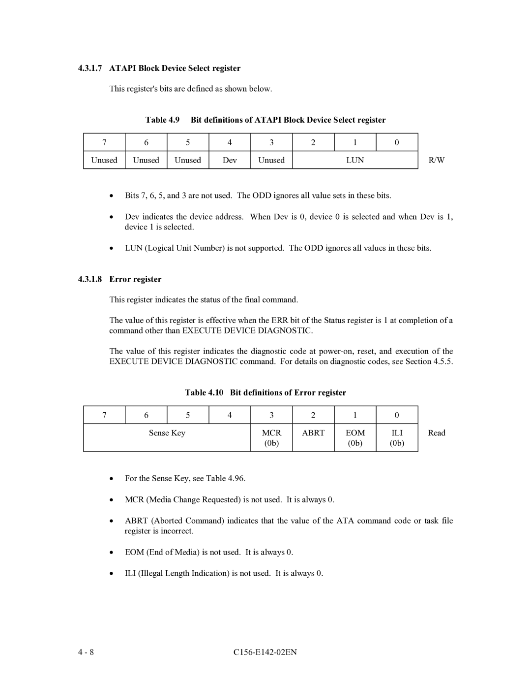 Fujitsu MCE3064AP, MCF3064AP, MCE3130AP manual Bit definitions of Atapi Block Device Select register, Error register 