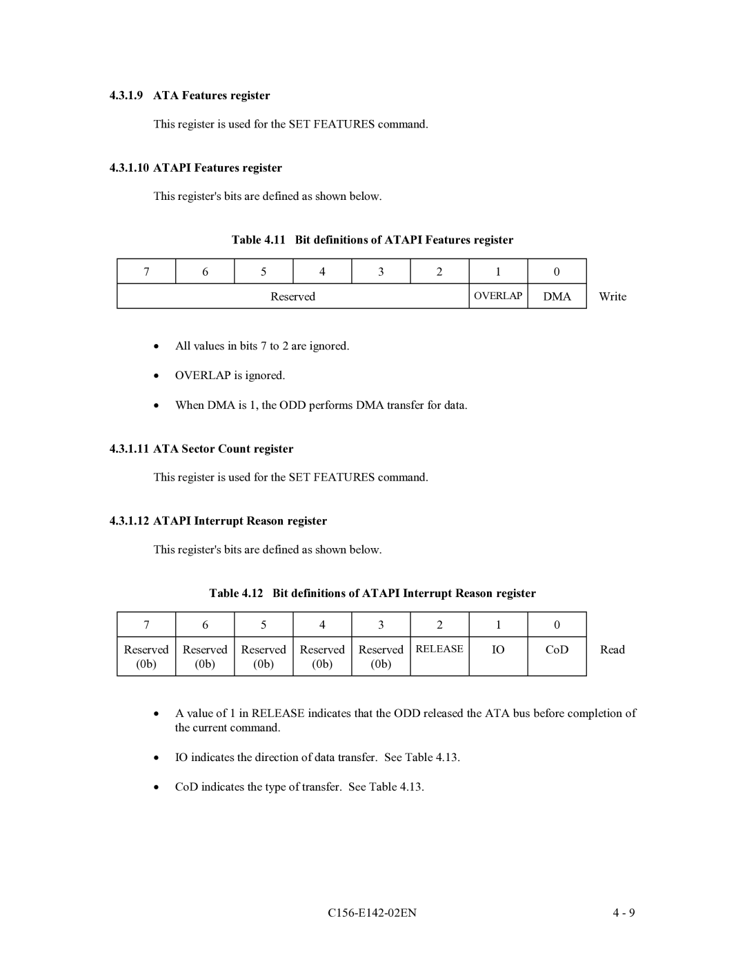 Fujitsu MCE3130AP manual ATA Features register, Bit definitions of Atapi Features register, ATA Sector Count register 