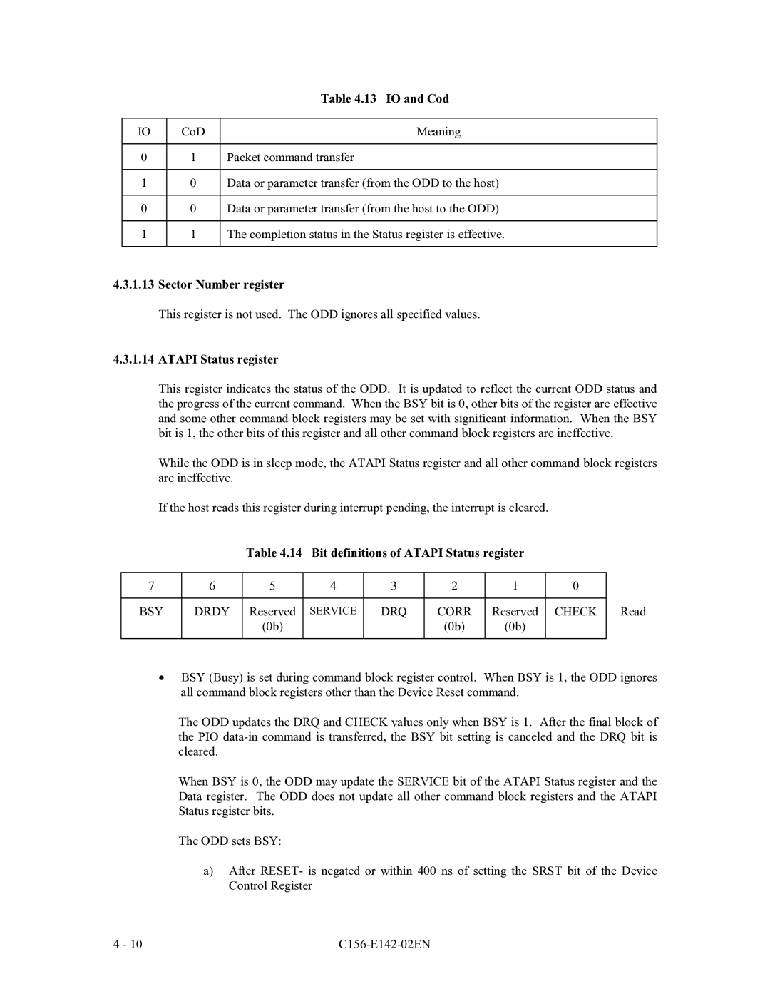 Fujitsu MCF3064AP, MCE3064AP IO and Cod, Sector Number register, Bit definitions of Atapi Status register, DRQ Corr 