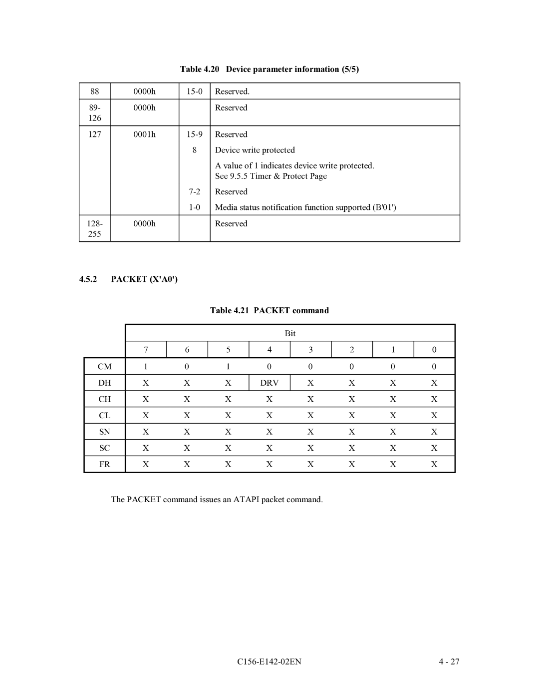 Fujitsu MCE3130AP, MCF3064AP, MCE3064AP manual Device parameter information 5/5, Packet XA0 21 Packet command 