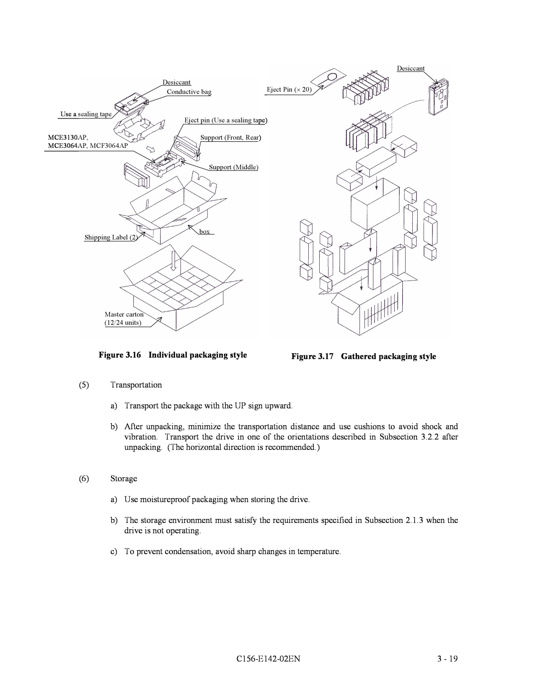 Fujitsu MCE3130AP manual 16 Individual packaging style, 17 Gathered packaging style, Eject Pin %, Master carton 12/24 units 