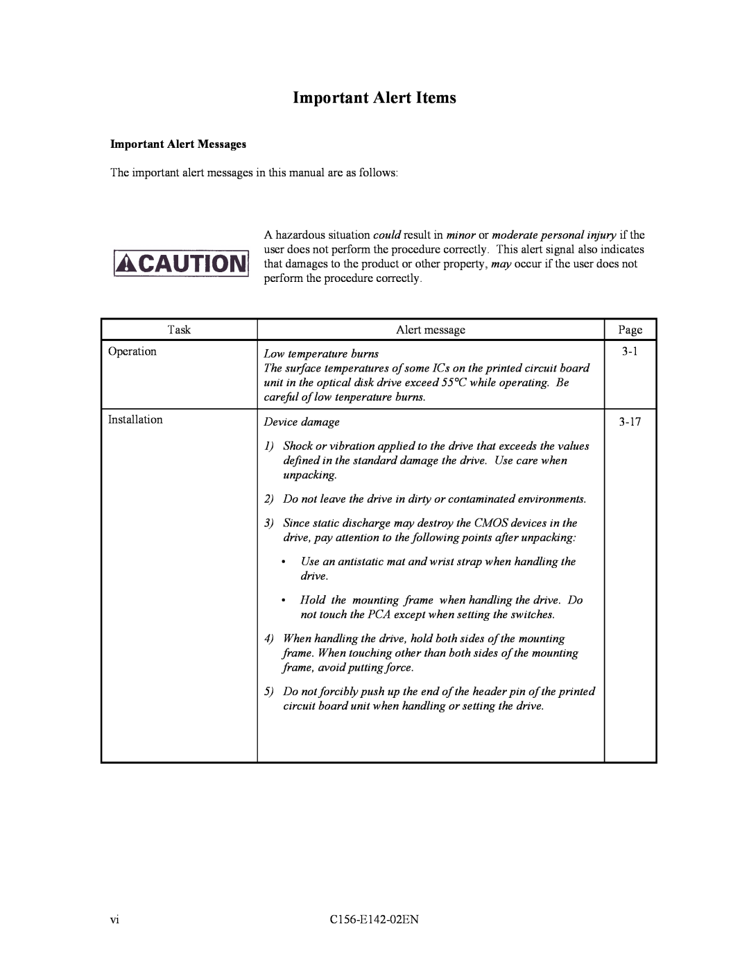 Fujitsu MCE3064AP Important Alert Items, Important Alert Messages, Low temperature burns, careful of low tenperature burns 