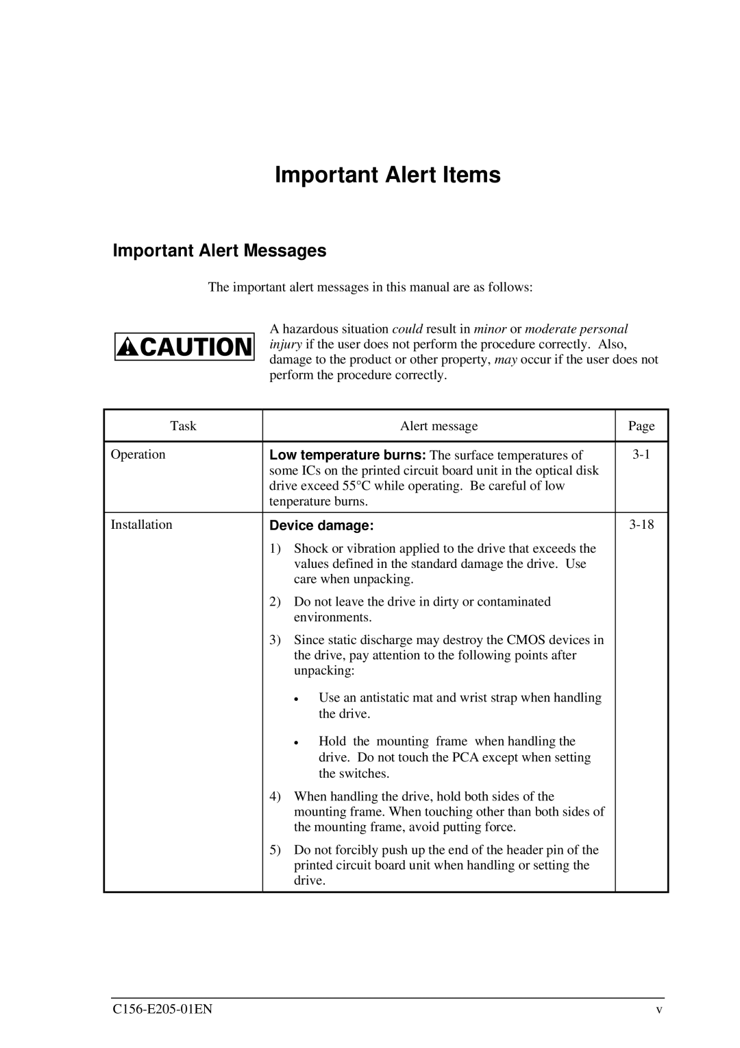 Fujitsu MCJ3230AP manual Important Alert Items, Important Alert Messages, Device damage 