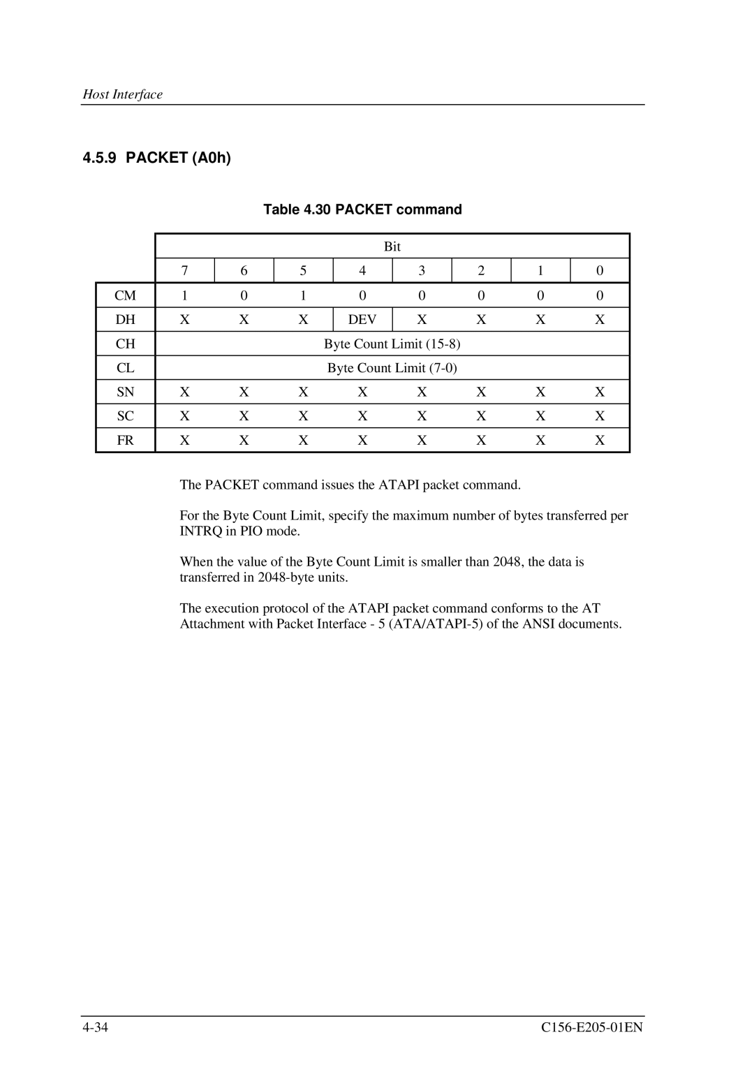 Fujitsu MCJ3230AP manual Packet A0h, Packet command 