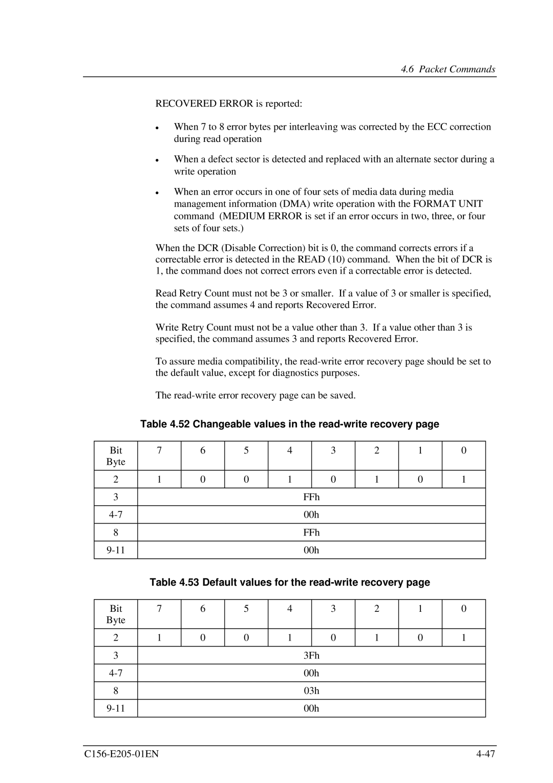 Fujitsu MCJ3230AP manual Changeable values in the read-write recovery 