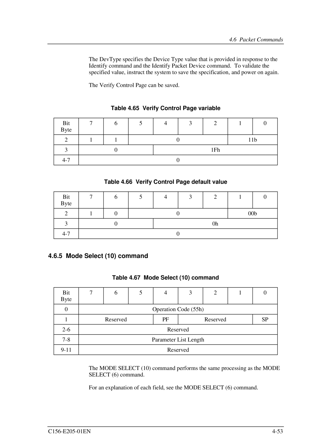 Fujitsu MCJ3230AP manual Mode Select 10 command, Verify Control Page variable, Verify Control Page default value 