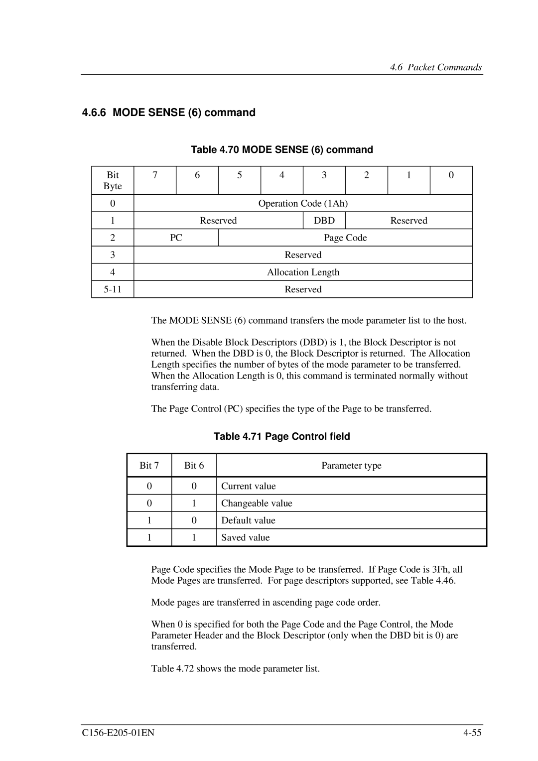 Fujitsu MCJ3230AP manual Mode Sense 6 command, Page Control field 