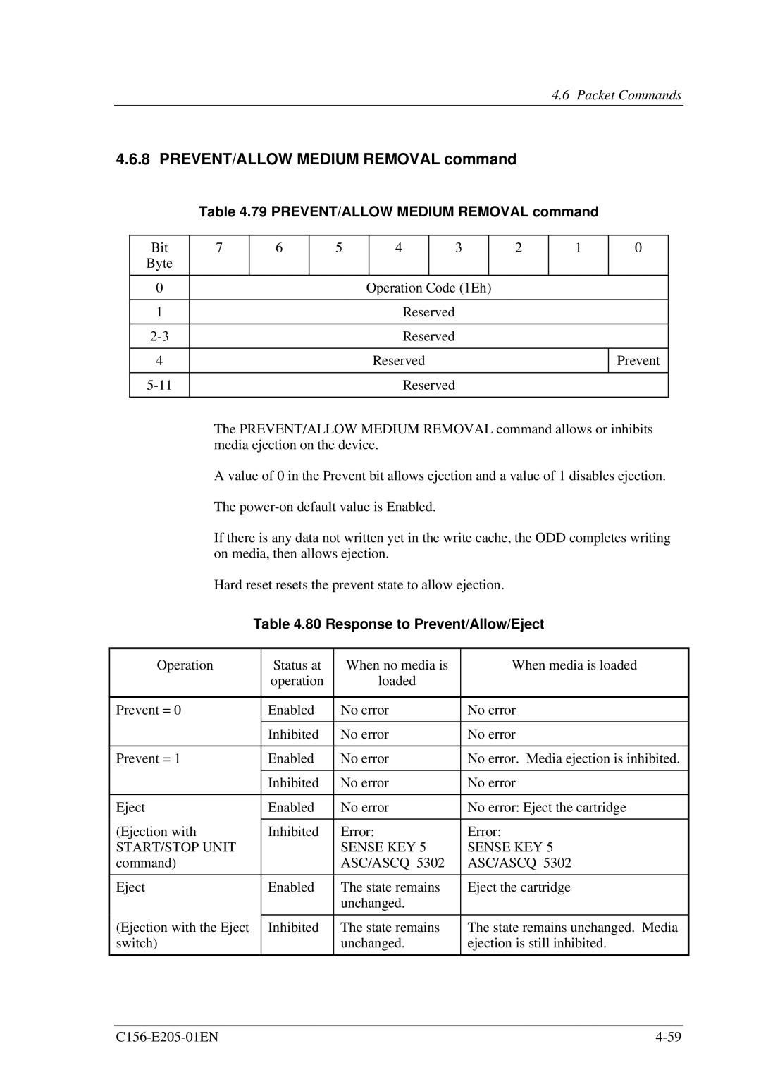 Fujitsu MCJ3230AP manual PREVENT/ALLOW Medium Removal command, Response to Prevent/Allow/Eject, START/STOP Unit Sense KEY 