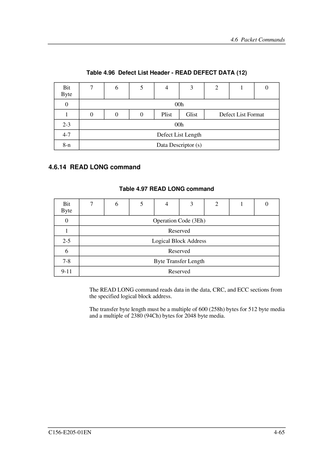 Fujitsu MCJ3230AP manual Read Long command, Defect List Header Read Defect Data 