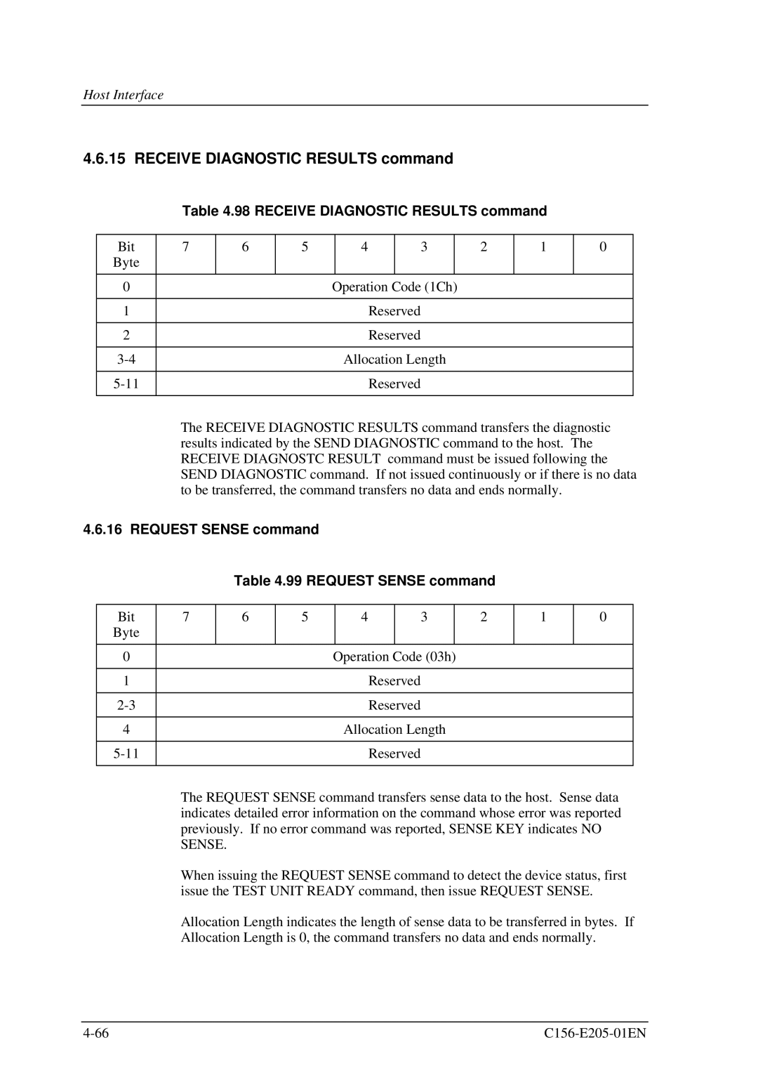 Fujitsu MCJ3230AP manual Receive Diagnostic Results command, Request Sense command 99 Request Sense command 