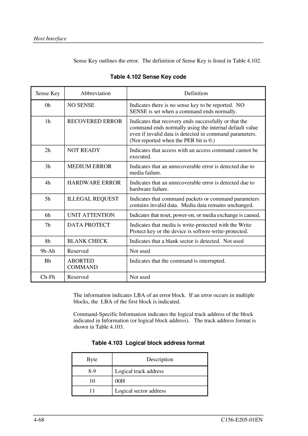 Fujitsu MCJ3230AP manual Sense Key code, Logical block address format 