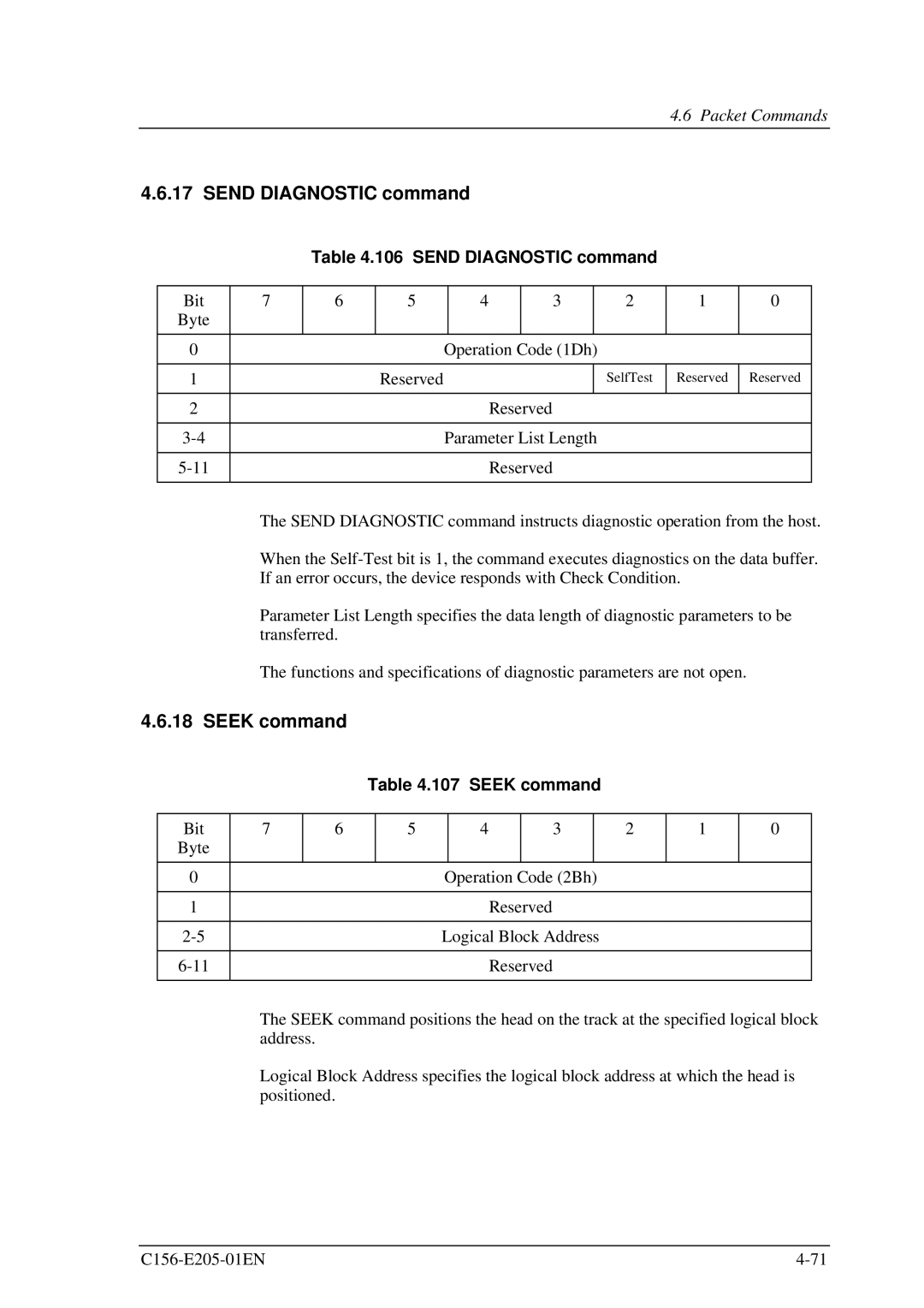 Fujitsu MCJ3230AP manual Send Diagnostic command, Seek command 