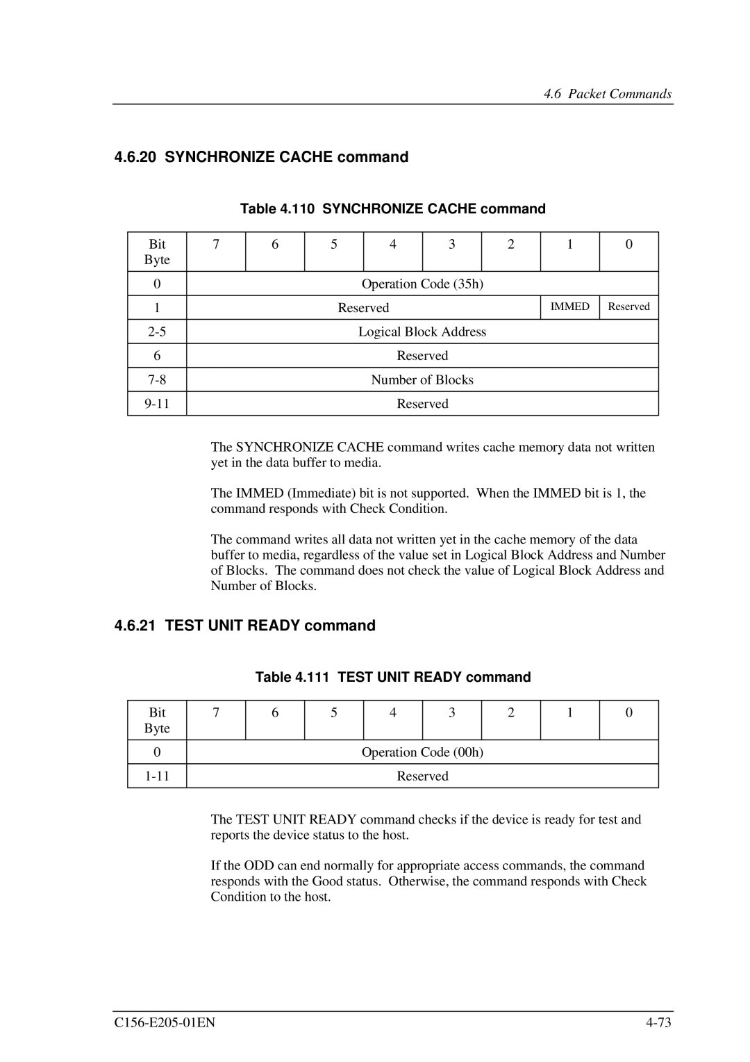 Fujitsu MCJ3230AP manual Synchronize Cache command, Test Unit Ready command 