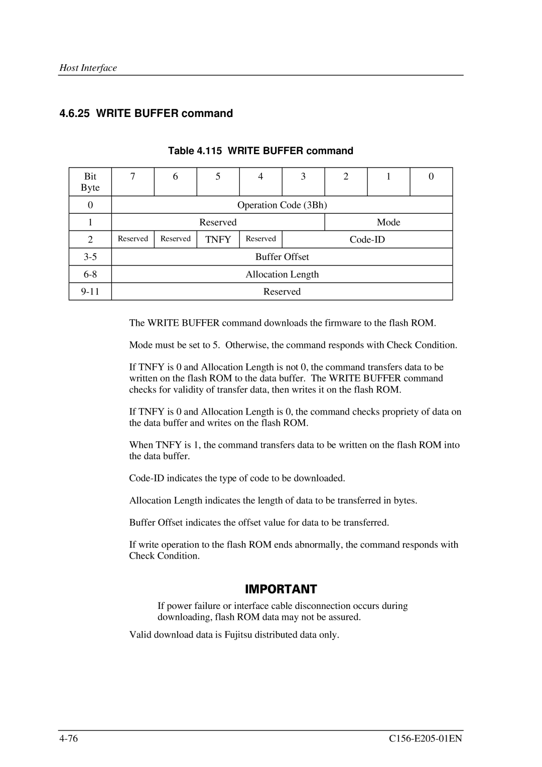 Fujitsu MCJ3230AP manual Write Buffer command, Tnfy 