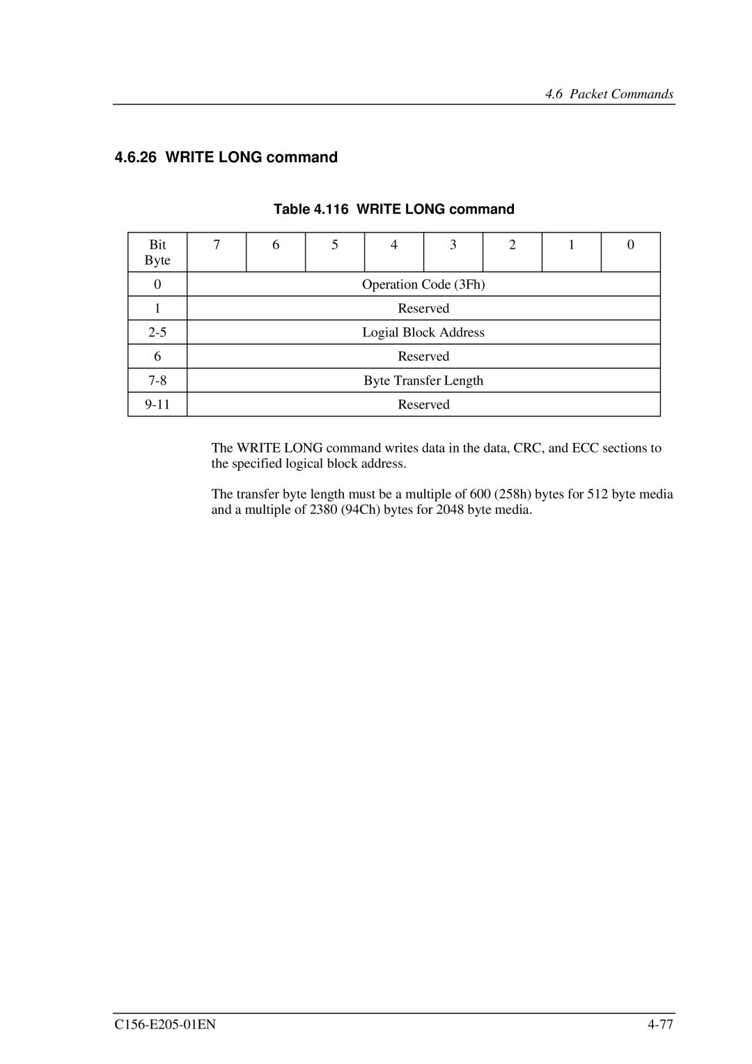 Fujitsu MCJ3230AP manual Write Long command 