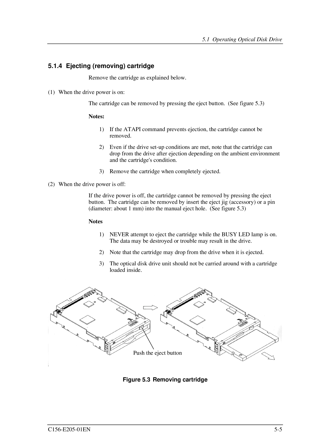 Fujitsu MCJ3230AP manual Ejecting removing cartridge, Removing cartridge 