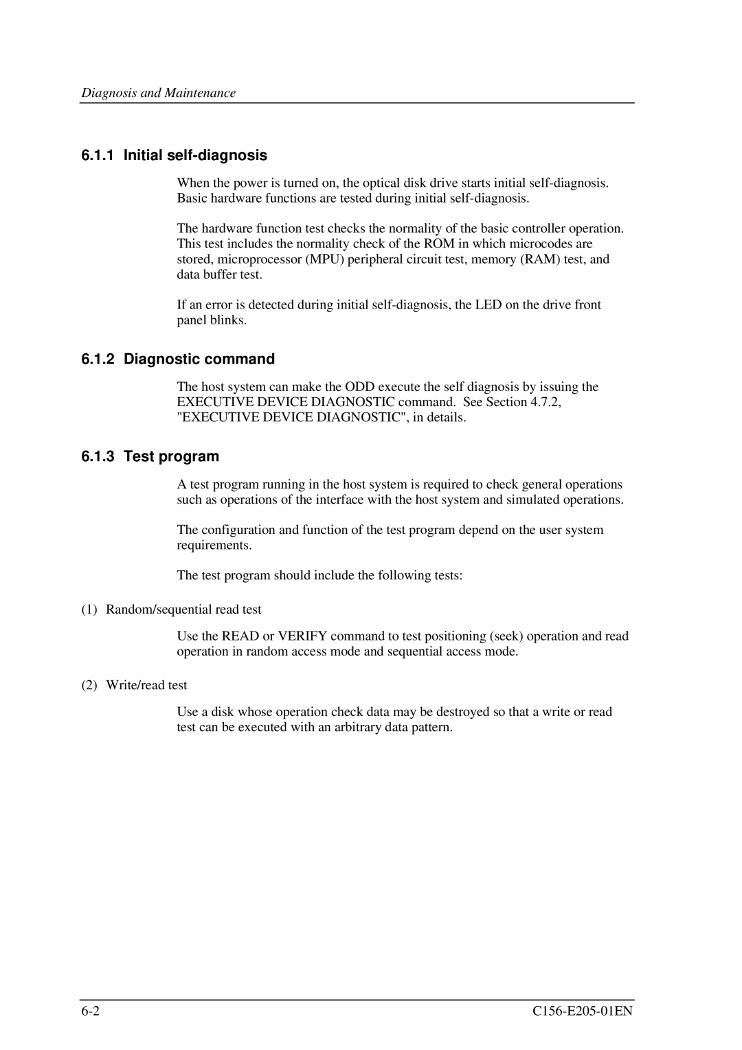 Fujitsu MCJ3230AP manual Initial self-diagnosis, Diagnostic command, Test program 