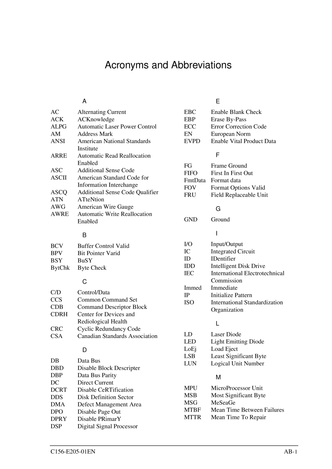 Fujitsu MCJ3230AP manual Acronyms and Abbreviations 