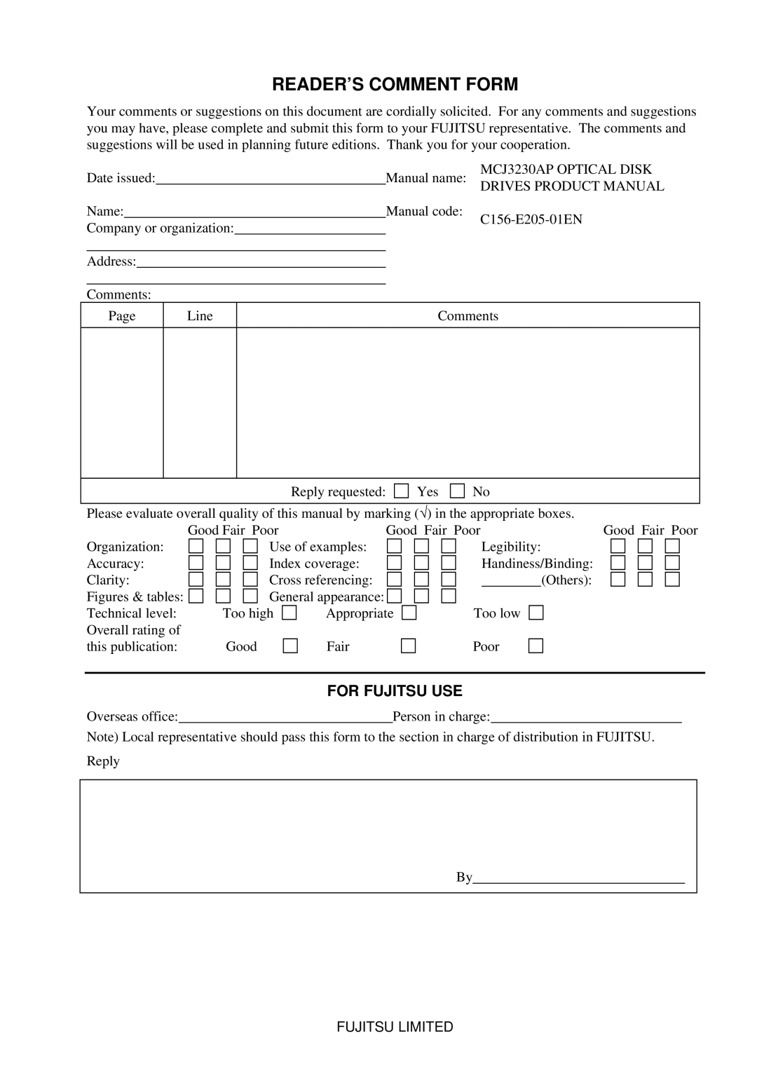 Fujitsu manual READER’S Comment Form, MCJ3230AP Optical Disk 