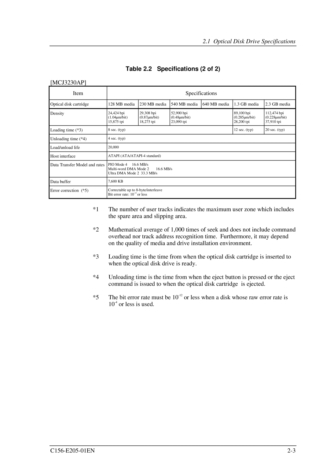 Fujitsu MCJ3230AP manual Specifications 2, Optical disk cartridge MB media GB media Density 