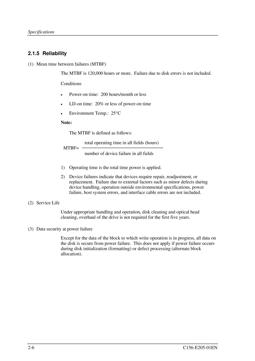 Fujitsu MCJ3230AP manual Reliability, Mtbf= 