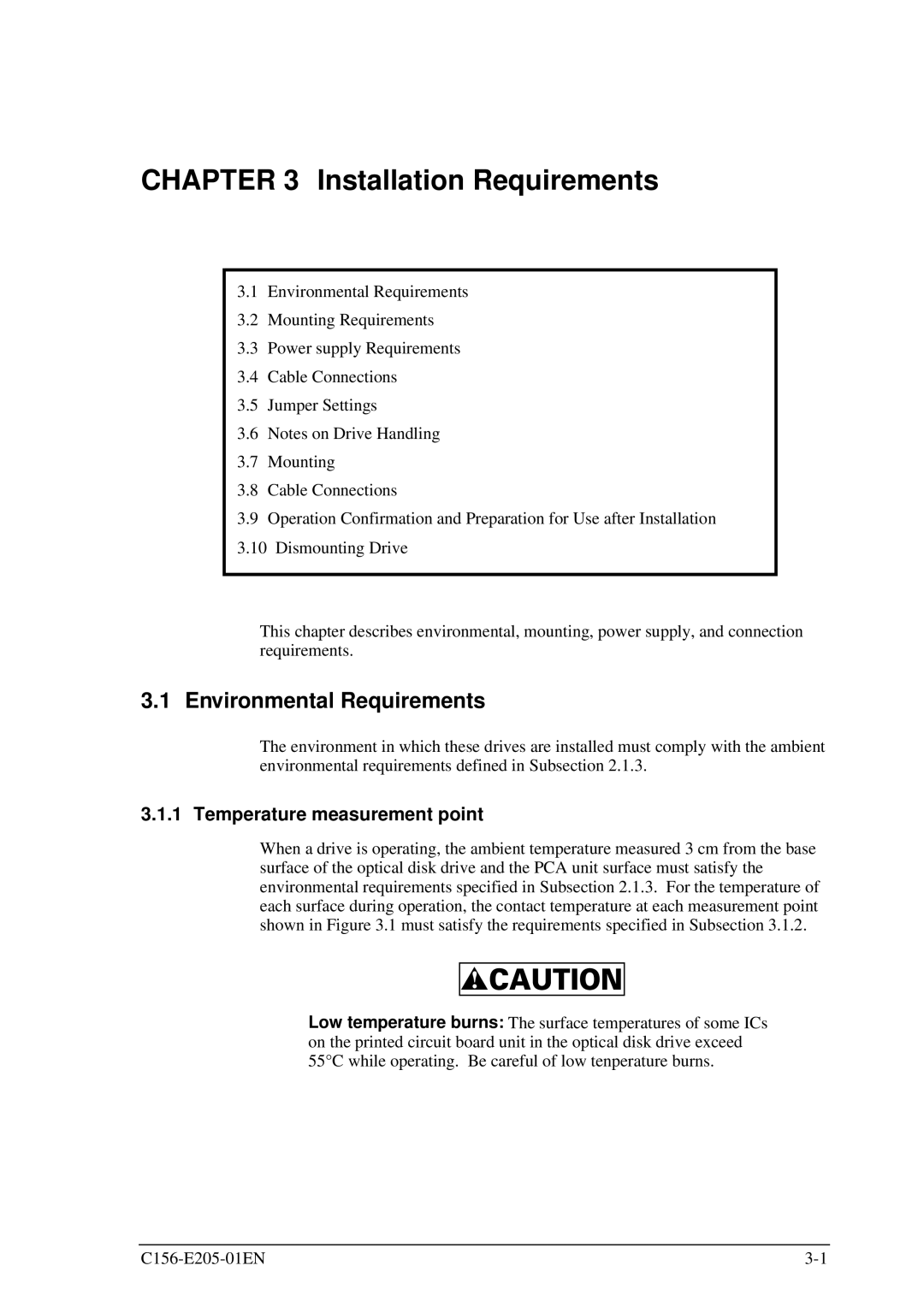 Fujitsu MCJ3230AP manual Installation Requirements, Environmental Requirements, Temperature measurement point 