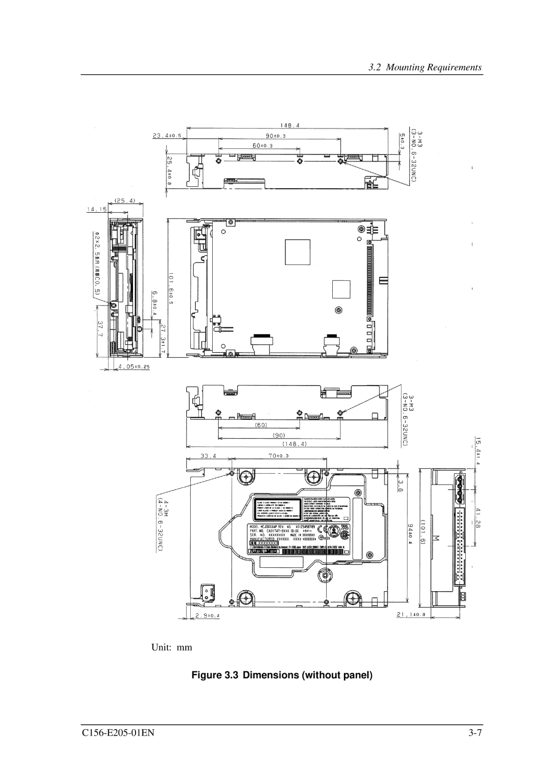 Fujitsu MCJ3230AP manual Dimensions without panel 